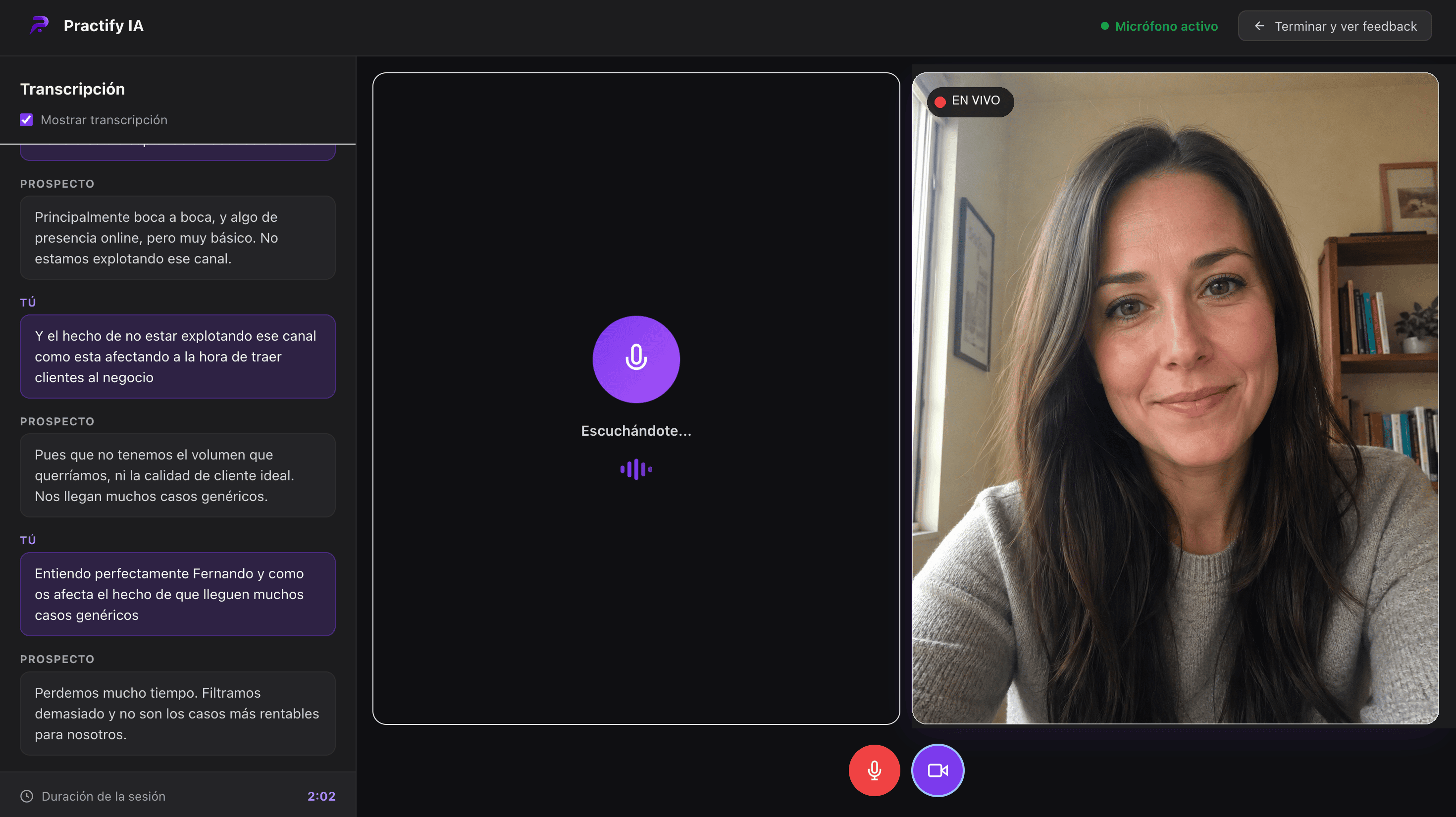 Roleplay en vivo de Practify con transcripción de la sesión